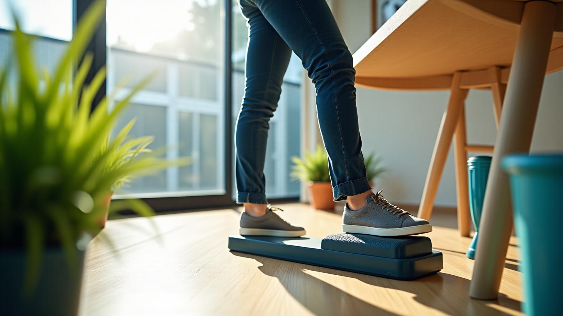 Professional using a compact stepper under a modern desk